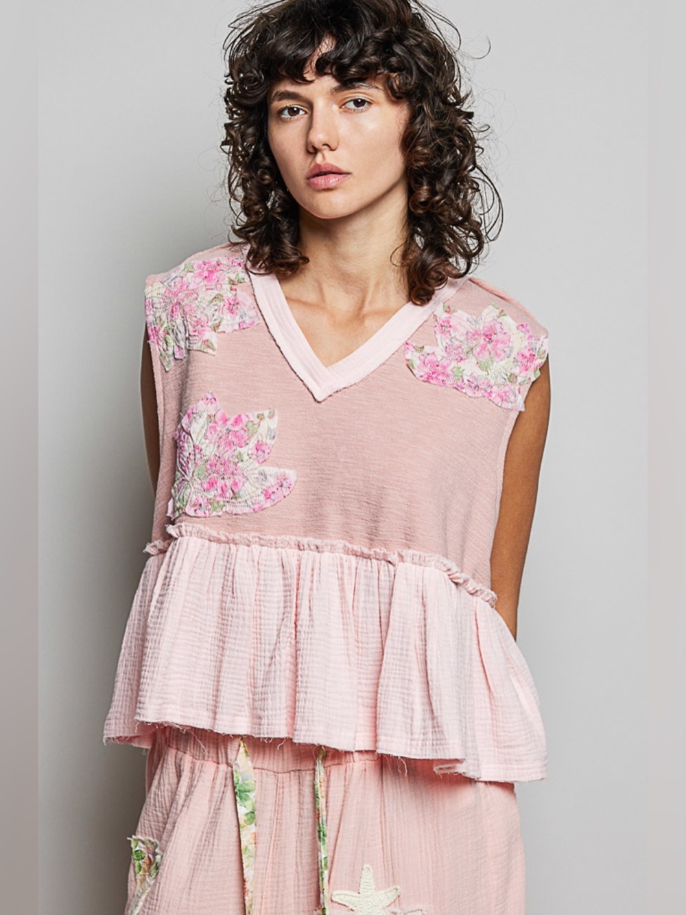 POL Floral Patch Ruffled Sleeveless Top with Raw Edge Detail